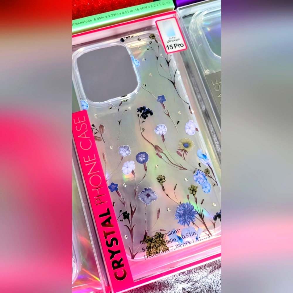 iPhone 15 Pro Clear Floral Phone Case w/Rhinestone Ac…